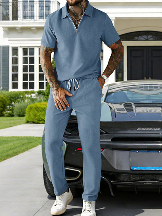 Men's Full Size Casual Zipper Polo Shirt and Drawstring Pants Set Plus Size