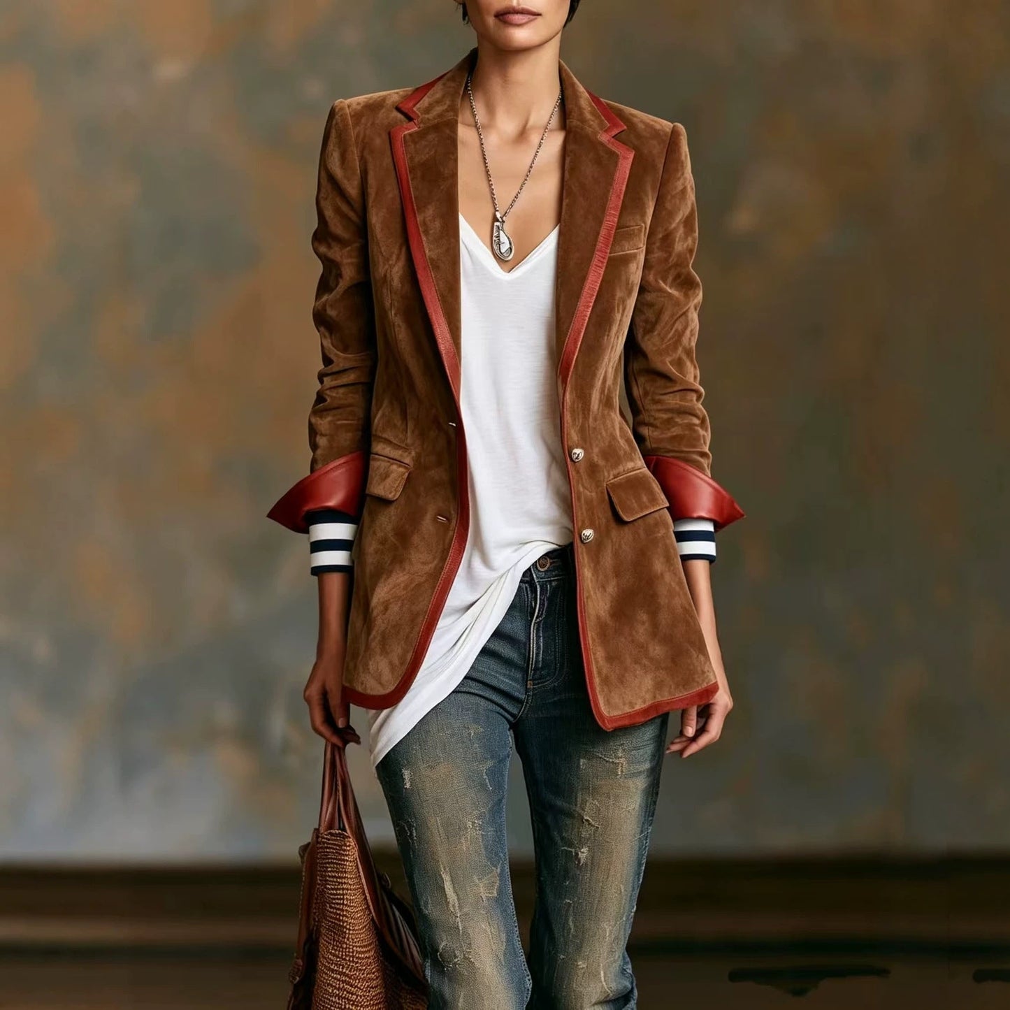 Suede Color-Block Blazer with Contrast Trim