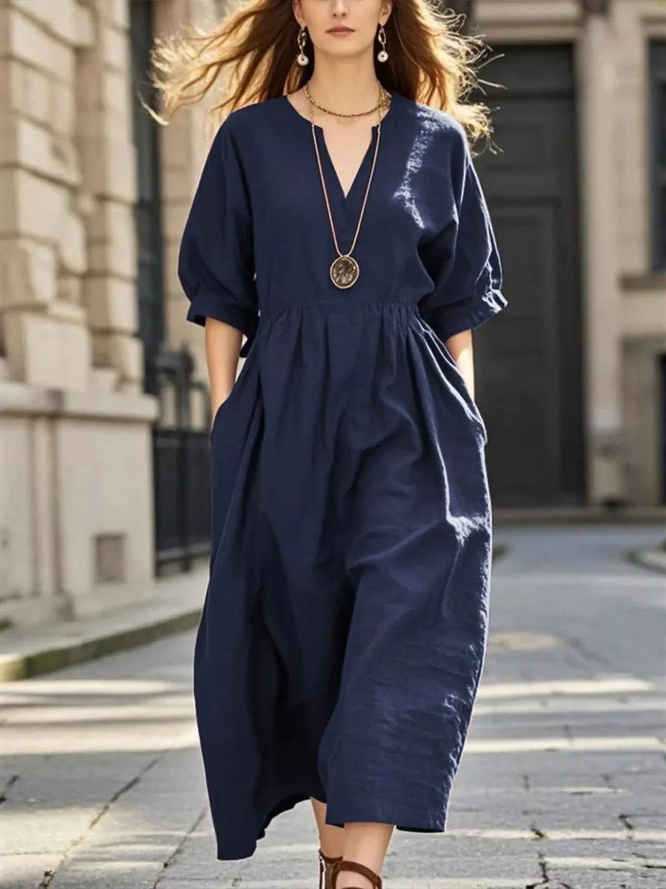 Notched Half Sleeve Midi Dress