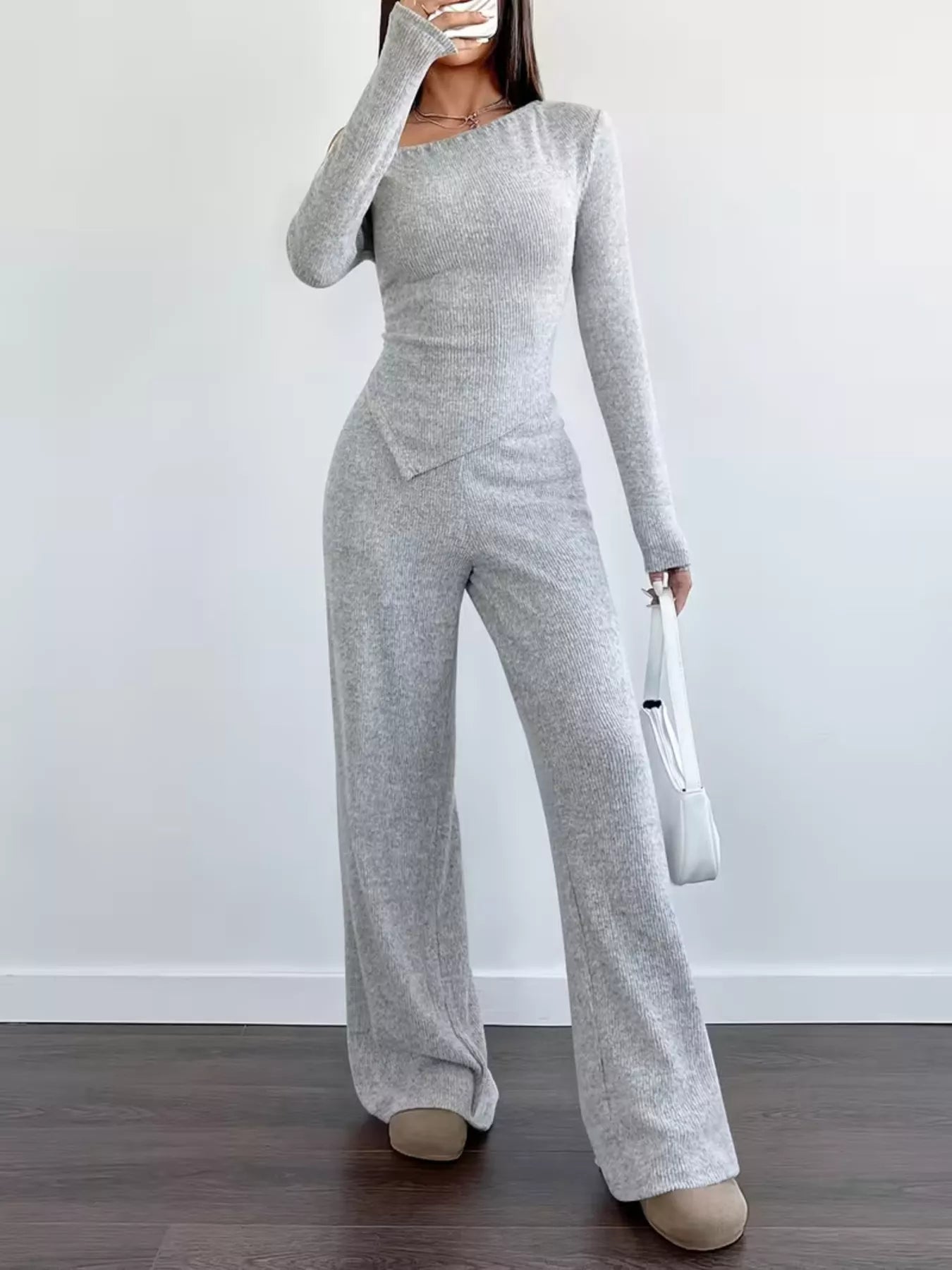 Chic One-Shoulder Asymmetrical Top and Wide-Leg Pants Set