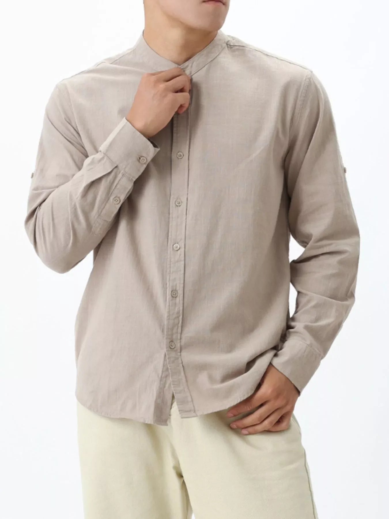 Men's Casual Mandarin Collar Long Sleeve Shirt