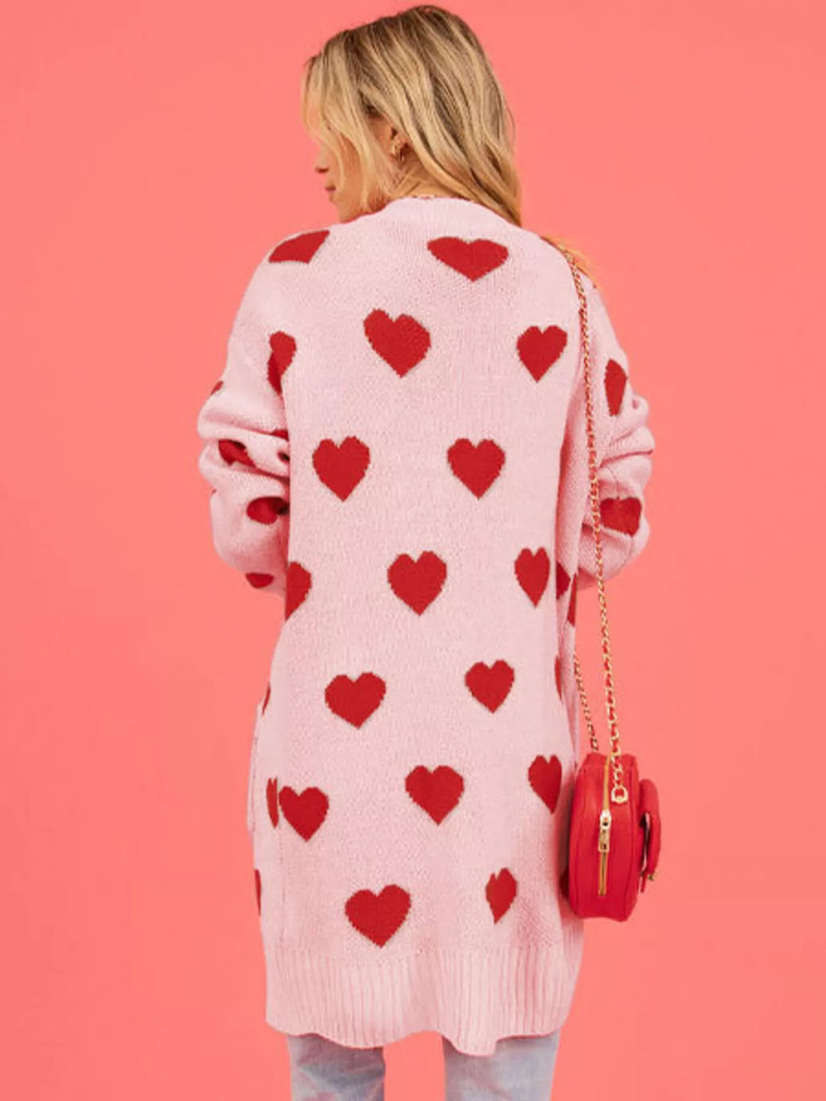 Heart Pattern Open Front Longline Cardigan
