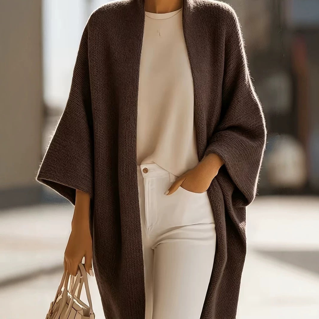 Women's Loose-Fit Knitted Shawl Jacket with Lantern Sleeves