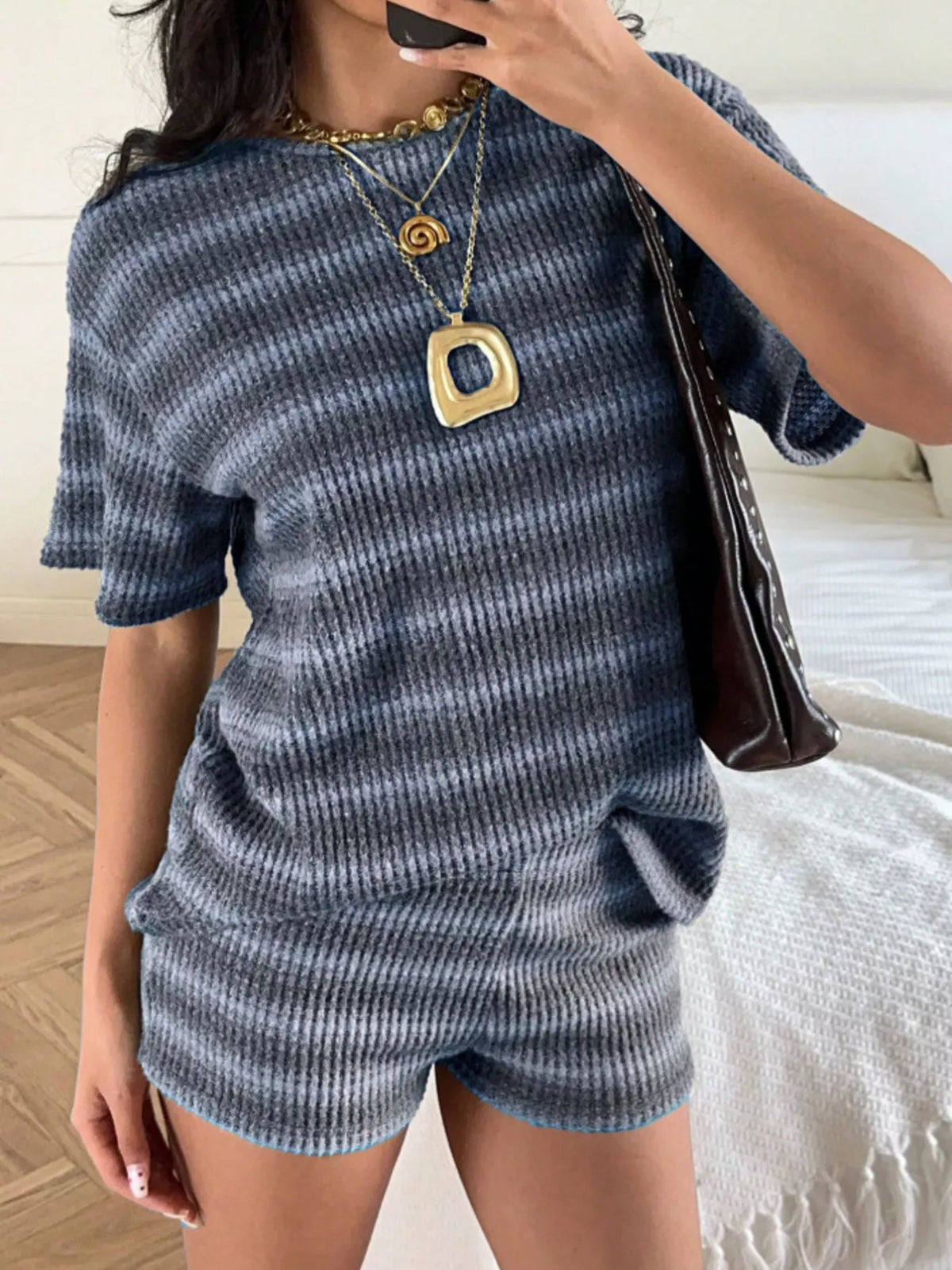 Striped Textured Knit Top and Shorts Set