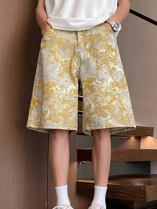 Men's Full Size Printed Wide Leg Denim Shorts Plus Size