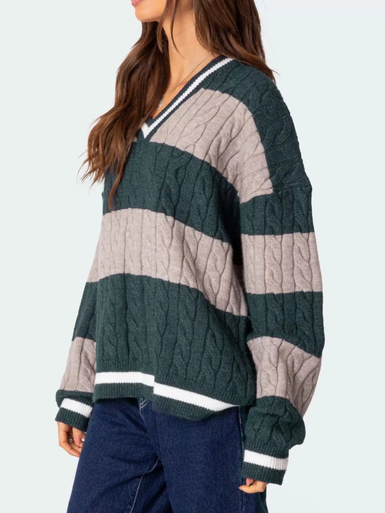 Striped Cable Knit V-Neck Sweater
