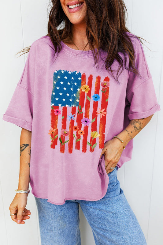 Floral American Flag Printed Raw Edge Cotton Tee