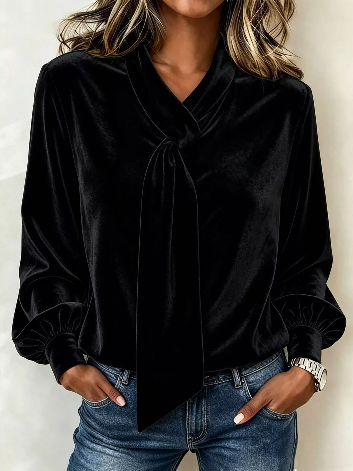 Full Size Velvet Tie-Neck Long Sleeve Blouse Plus Size