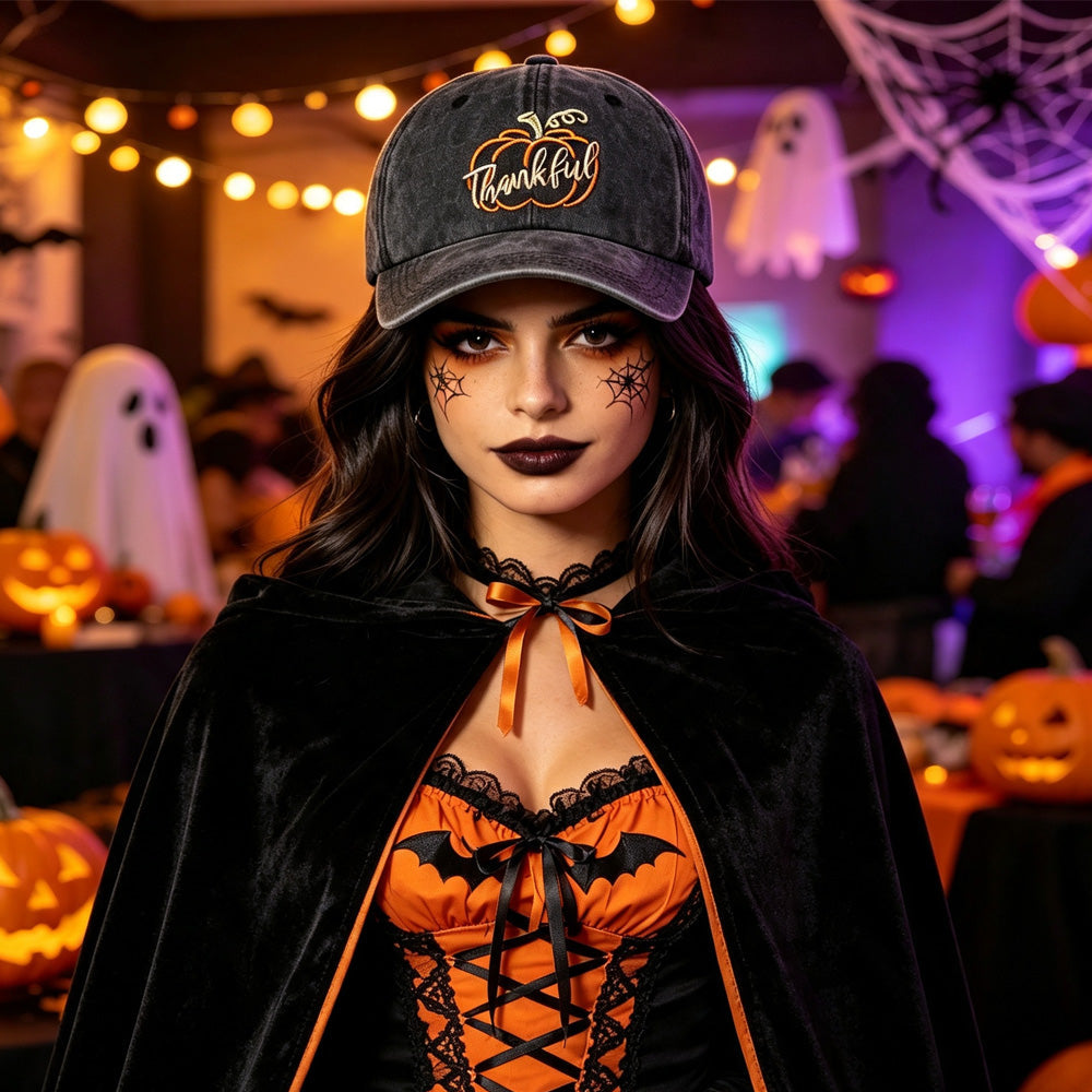 "Thankful Pumpkin" Embroidered Baseball Cap – Vintage Washed Black Hat