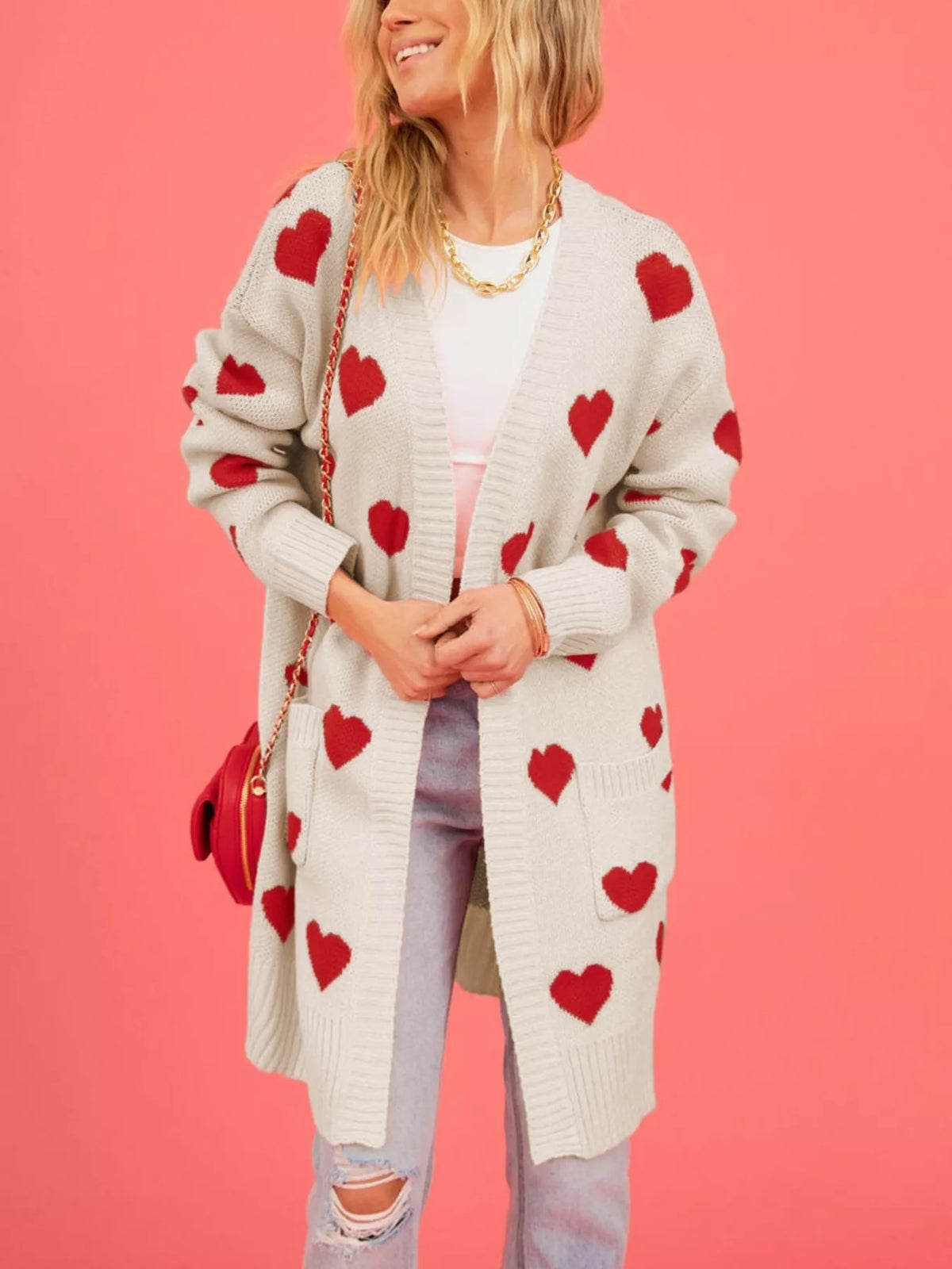 Heart Pattern Open Front Longline Cardigan
