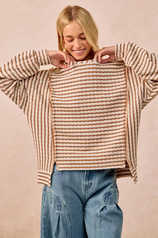 BiBi Open Seam Detail Textured Stripe Knit Top
