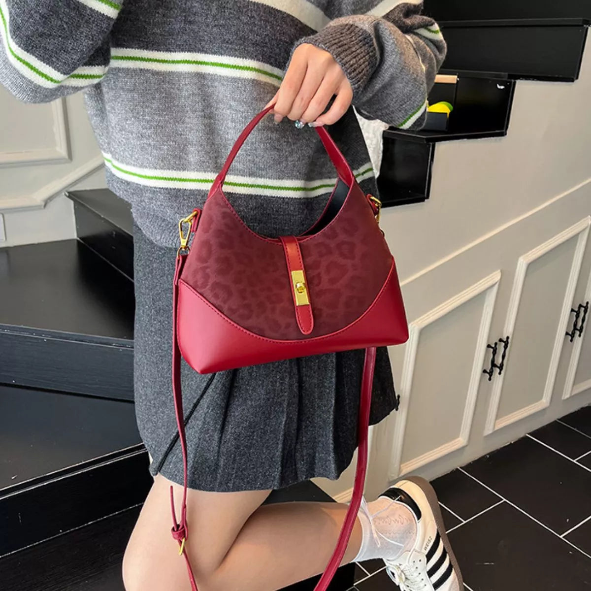 Leopard Leather Trimmed Crossbody Bag