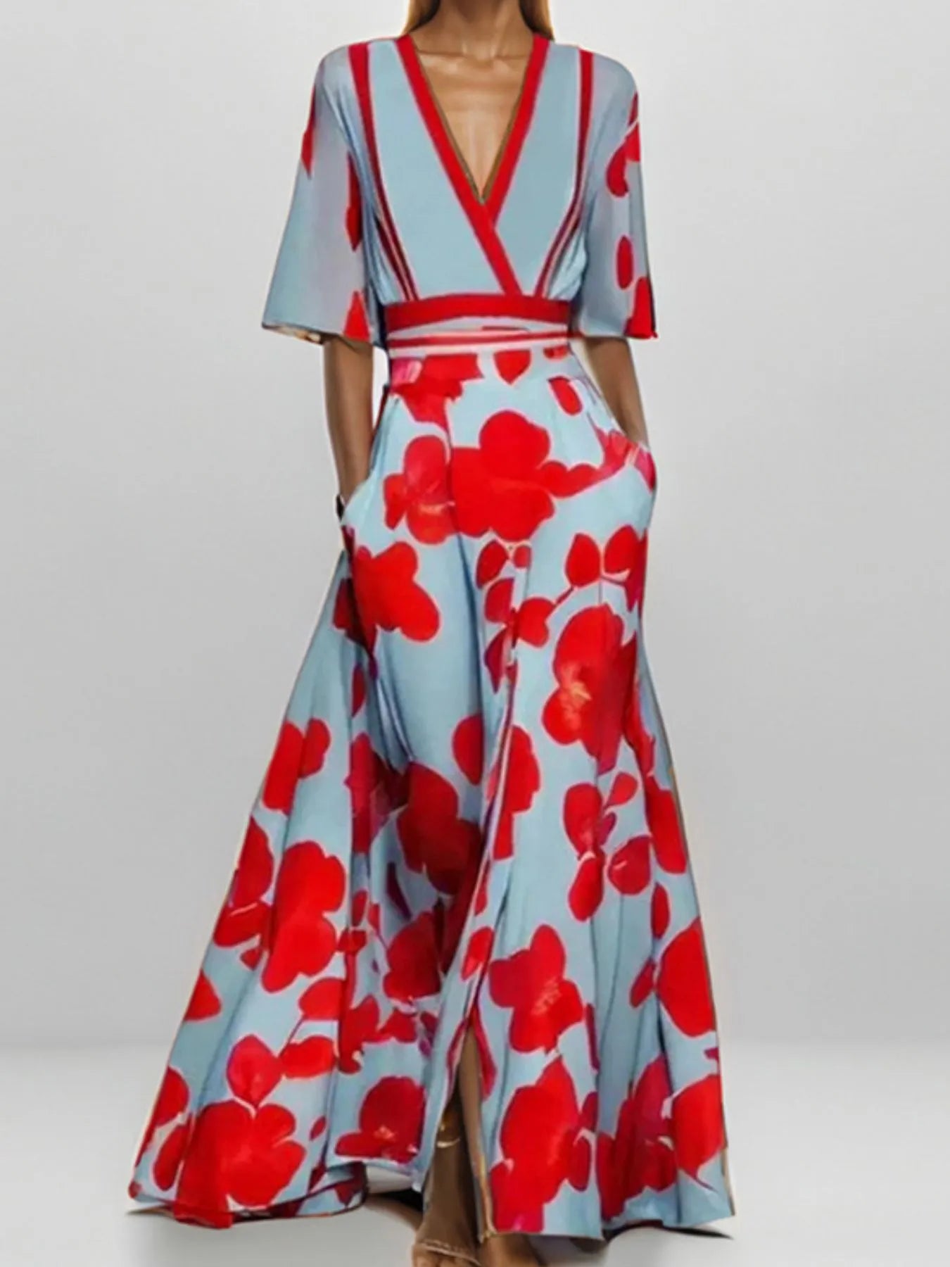 Floral Print Half Sleeve Wrap Maxi Dress