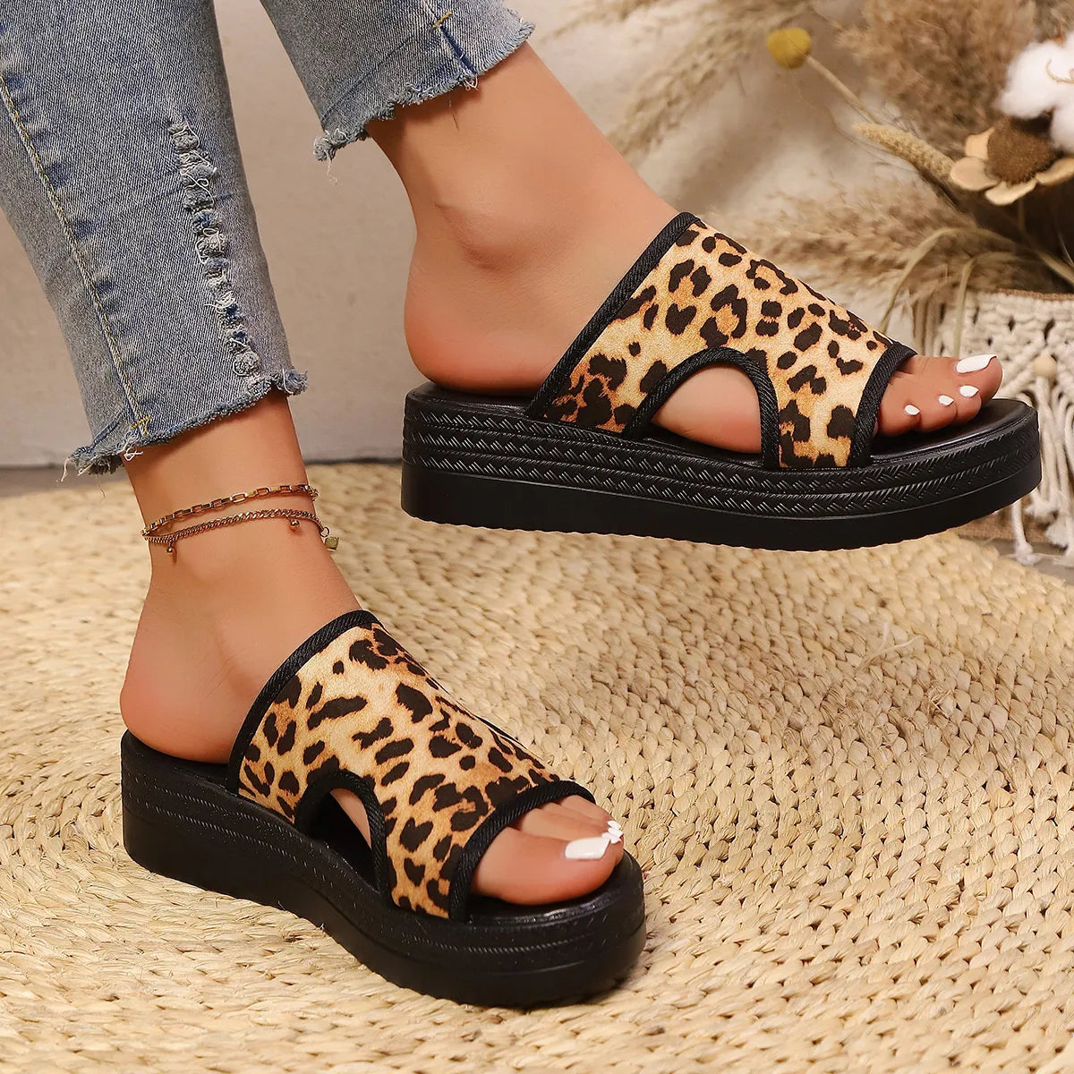Cutout Leopard Print Platform Sandals