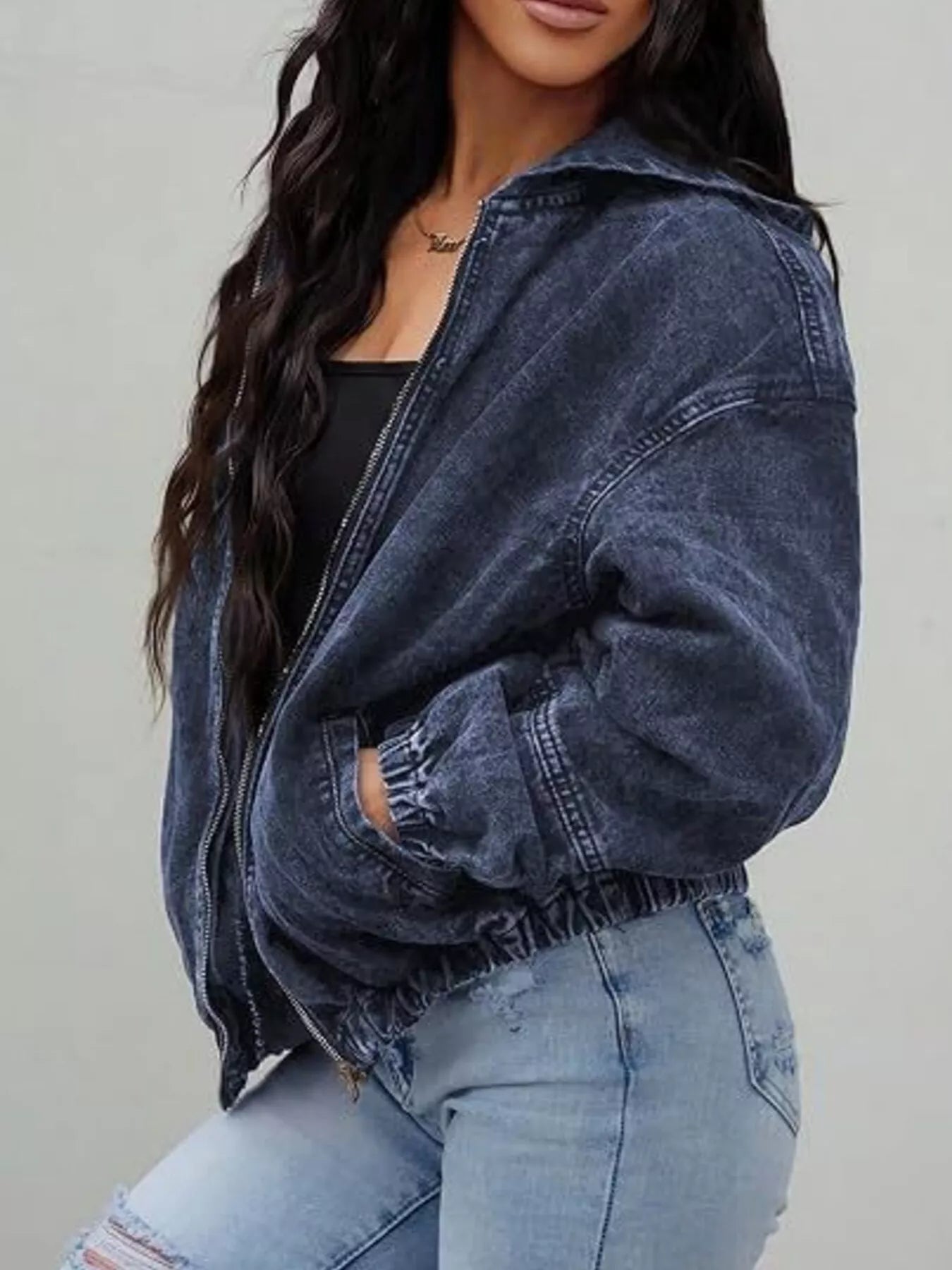Vintage Washed Zip Up Hooded Denim Jacket