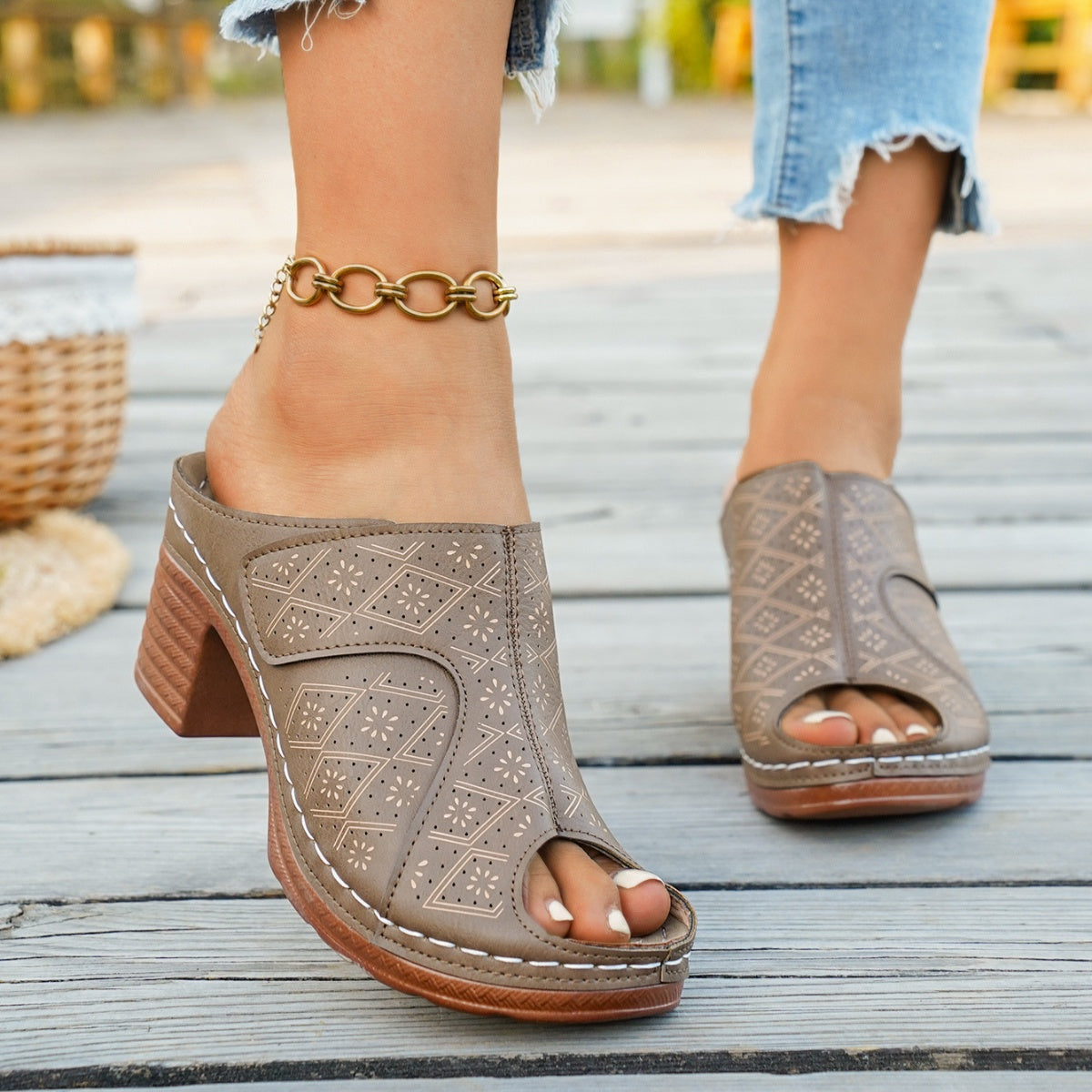 Peep Toe Block Heel Sandals