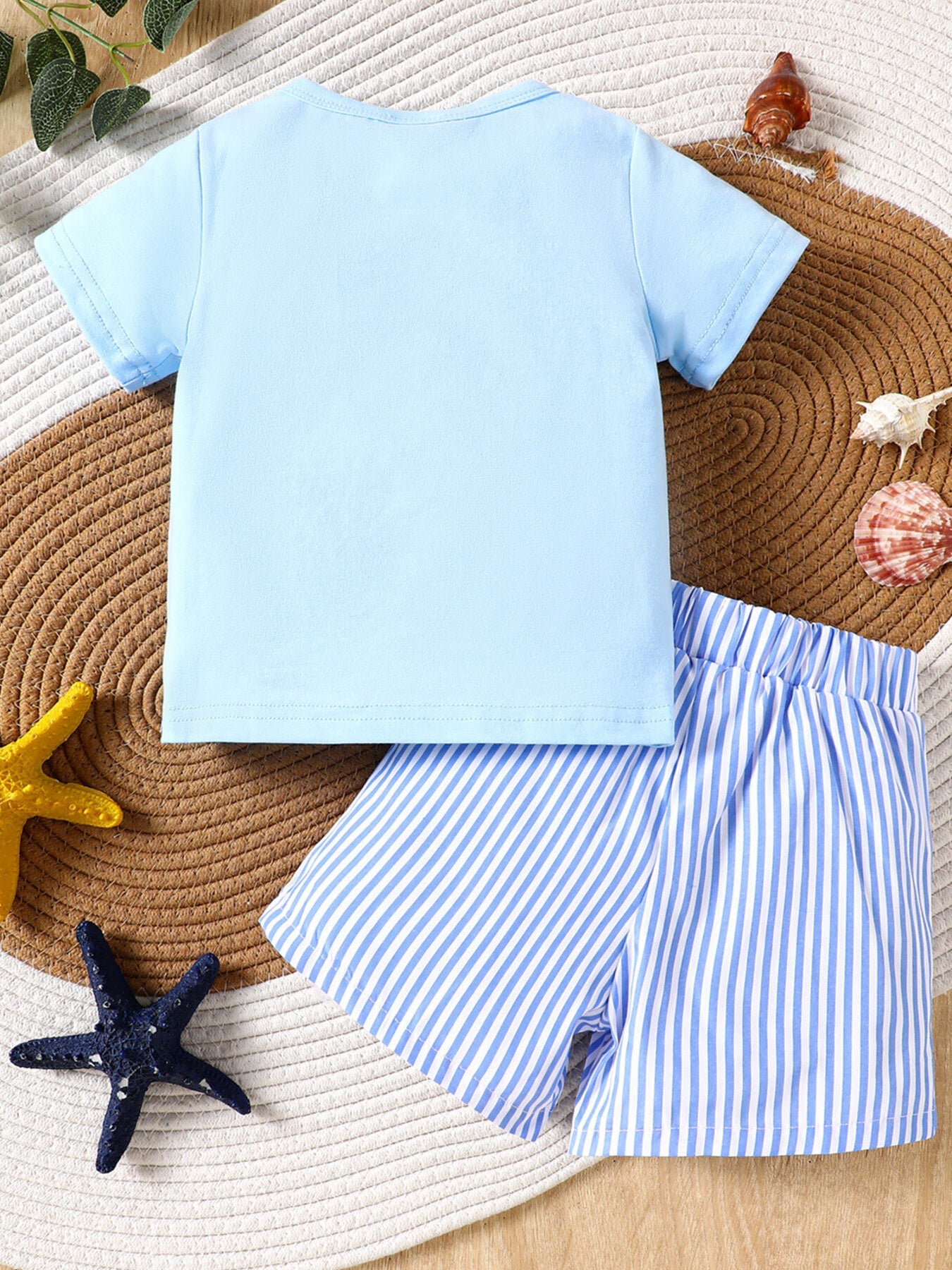 Children's Shark Embroidered T-shirt and Striped Shorts Set