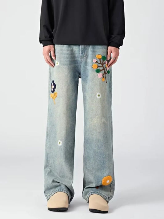 Men's Embroidered Wide Leg Jeans