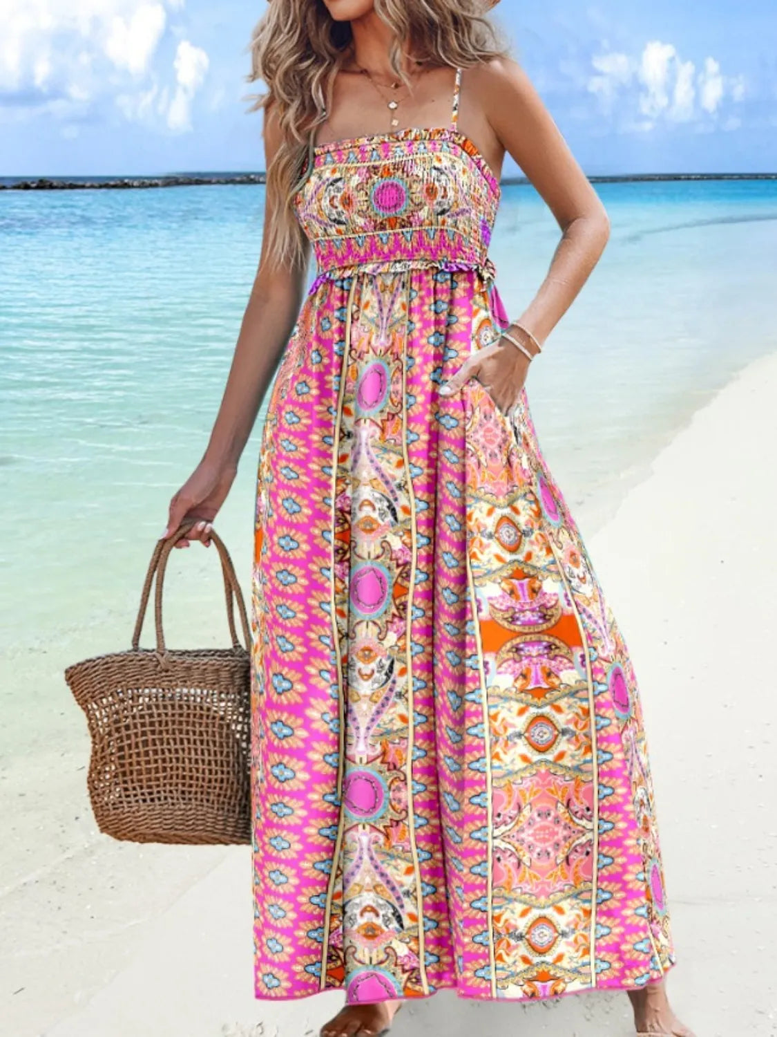 Printed Smocked Maxi Cami Dress