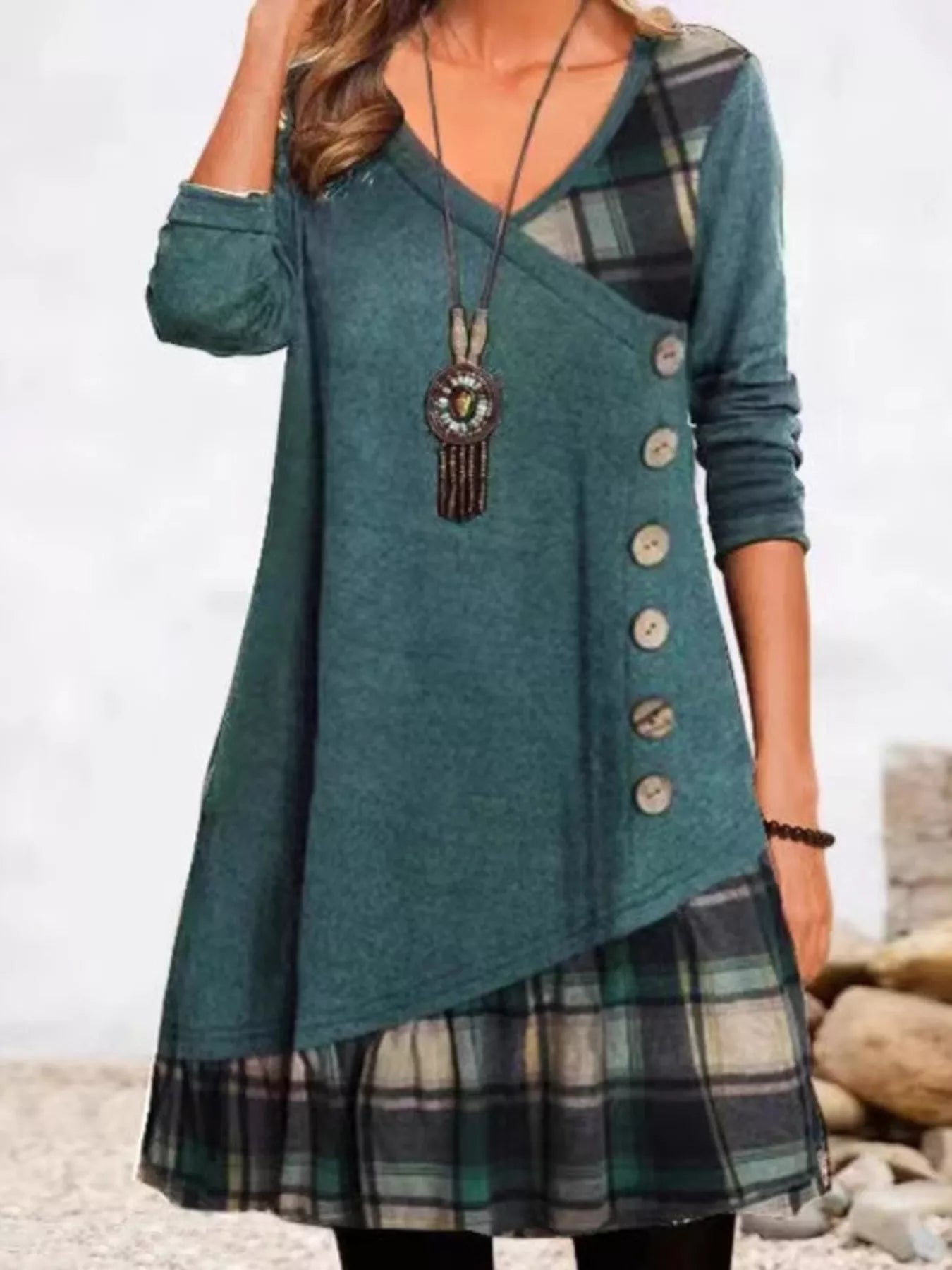 Full Size Asymmetrical Plaid Patchwork Long Sleeve Dress Plus Size