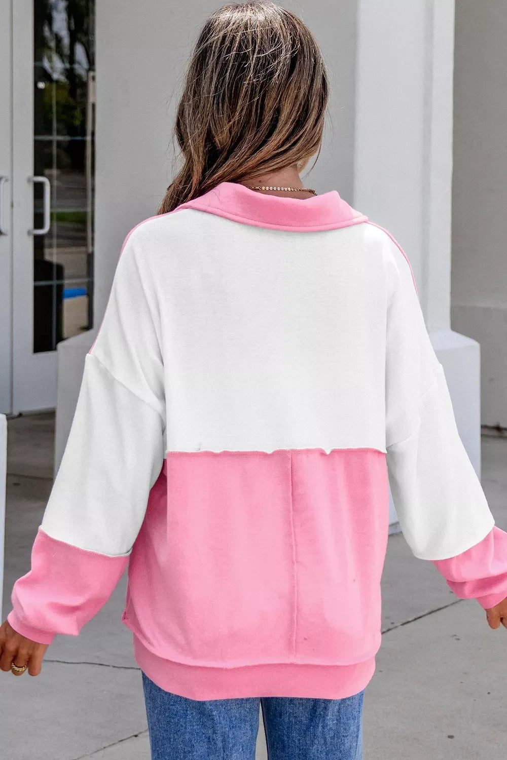Color Block Ricrac Trim Patchwork Collar V Neck Long Sleeve Top