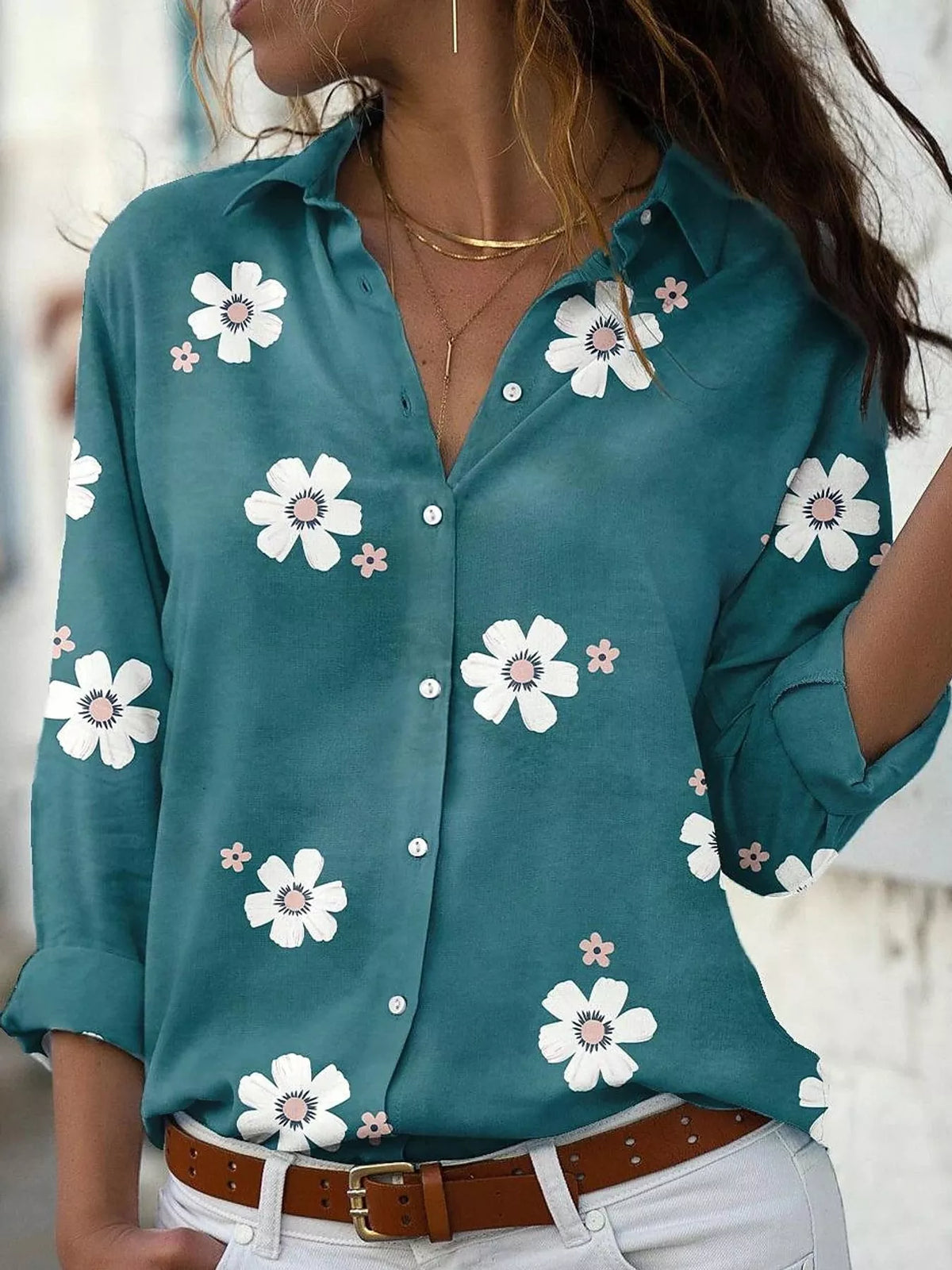 Full Size Floral Print Button-Down Casual Shirt Plus Size