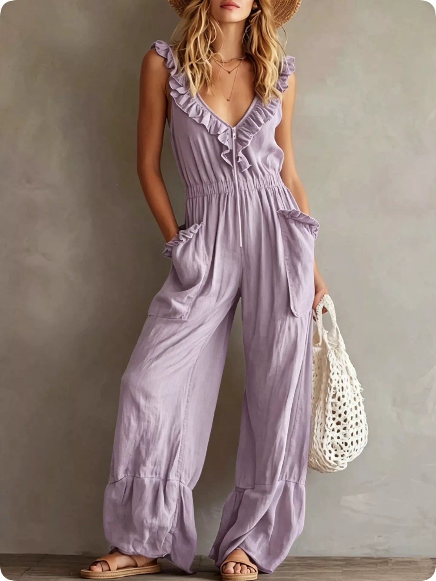 Ruffled V-Neck Wide Leg Jumpsuit