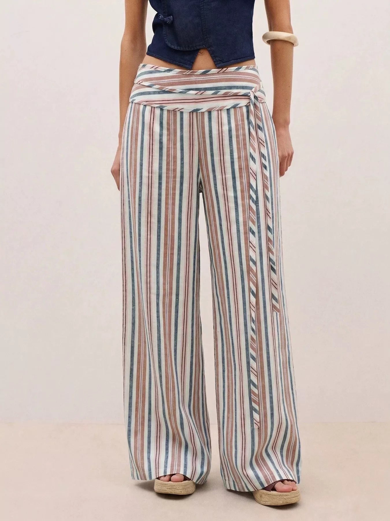 Striped Wide-Leg Pants with Tie Waist