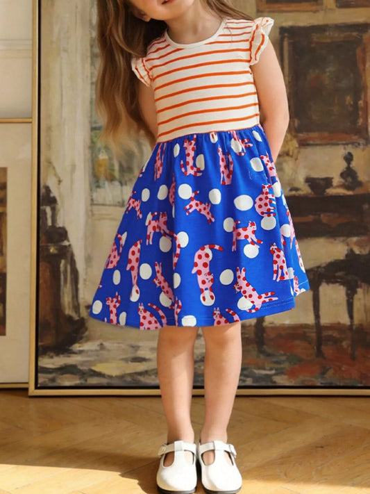 Children's Striped Animal Print Ruffled Dress