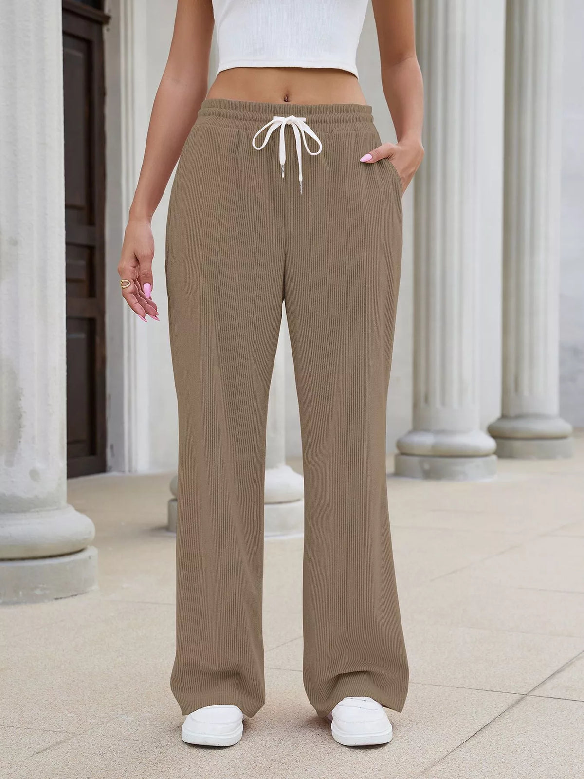 High-Waisted Drawstring Wide-Leg Casual Pants