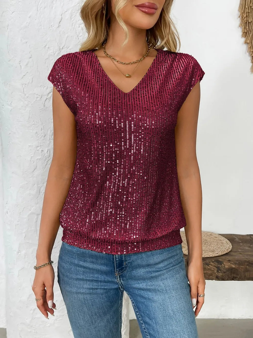 Sequin V-Neck Cap Sleeve Top
