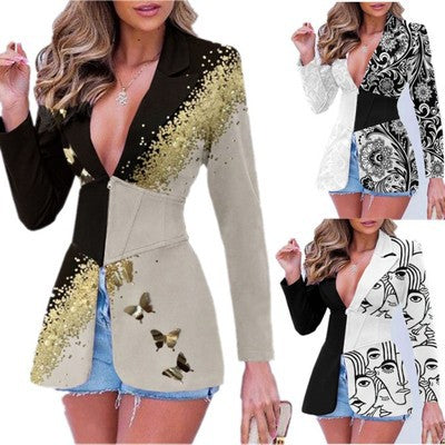 Women's Printed Contrast Color Lapels Blazer (See size chart where applicable)