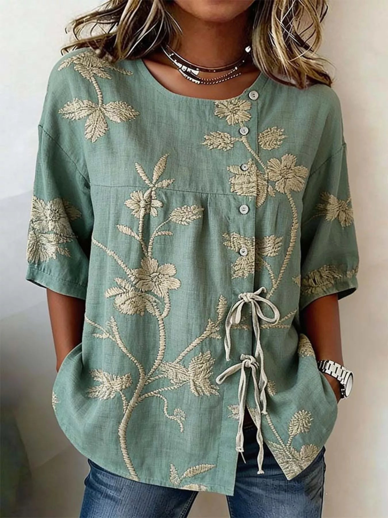 Full Size Embroidered Floral Tie Front Shirt Plus Size