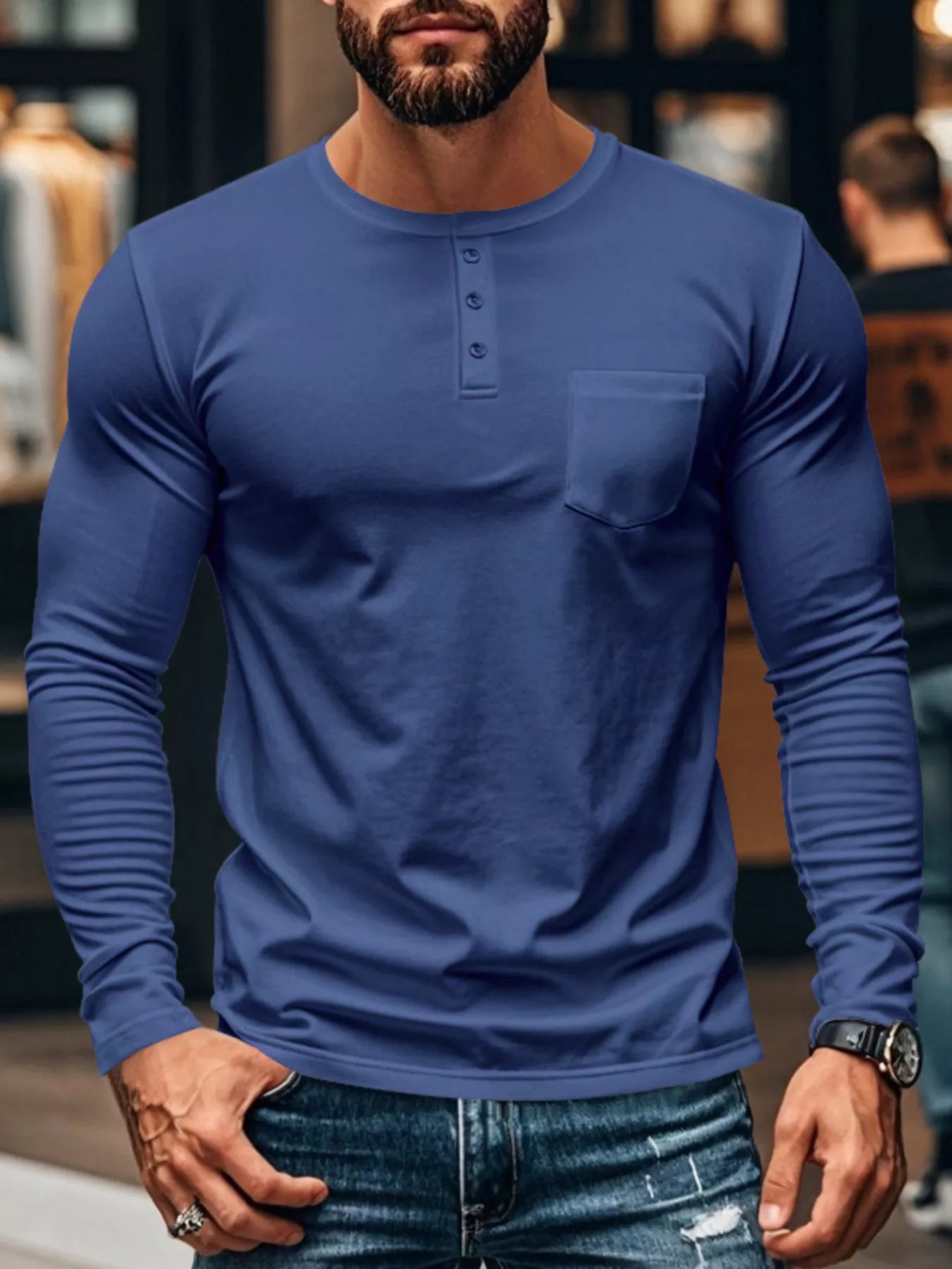Men's Plus Size Casual Long Sleeve Henley T-Shirt with Pocket