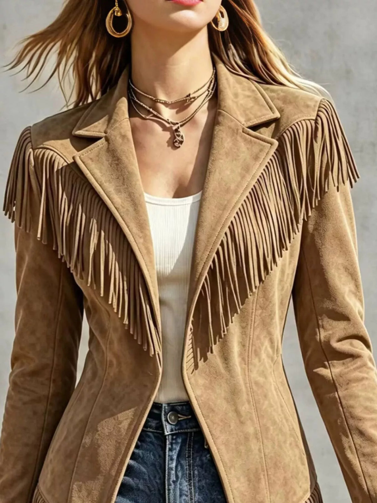 Western-Inspired Fringed Open Front Jacket