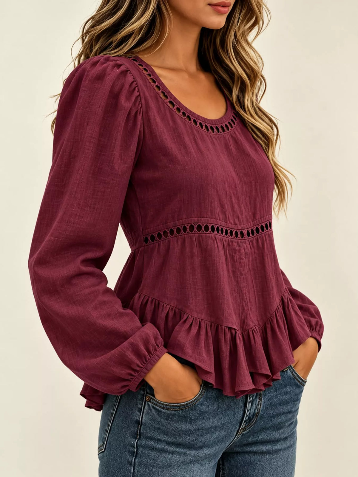 Long Sleeve Blouse with Eyelet Lace Trim and Ruffled Hem