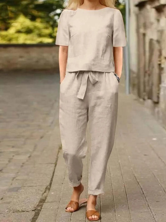 Full Size Round Neck Short Sleeve Top and Pants Set Plus Size