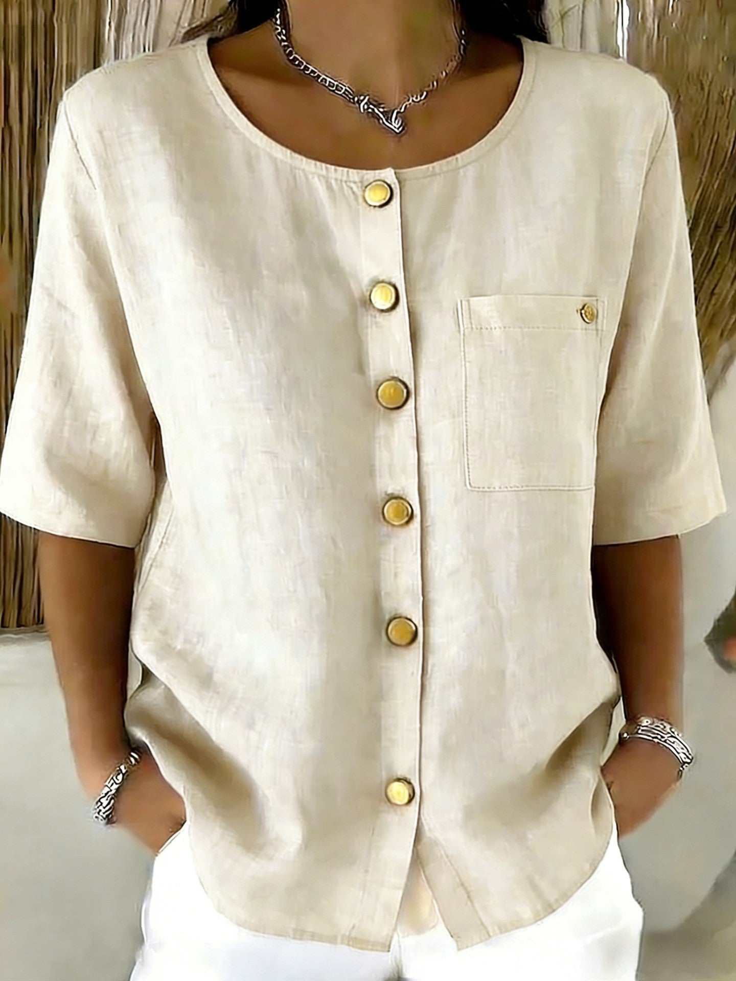 Crew-Neck 3/4 Sleeve Shirt with Metal Buttons – 7 Colors, S–3XL