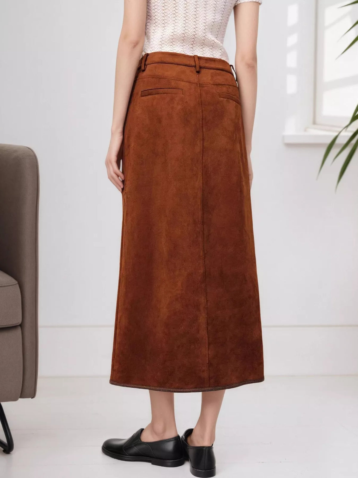 High-Waisted Button-Front Midi Skirt