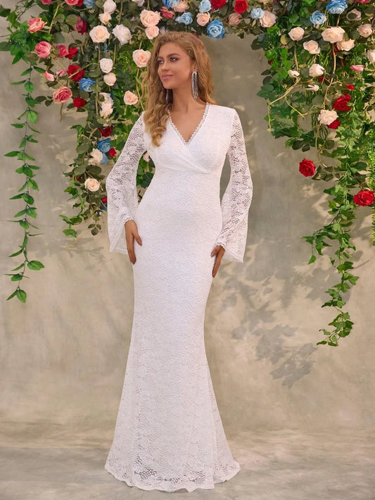 Lace Surplice Flare Sleeve Maxi Dress