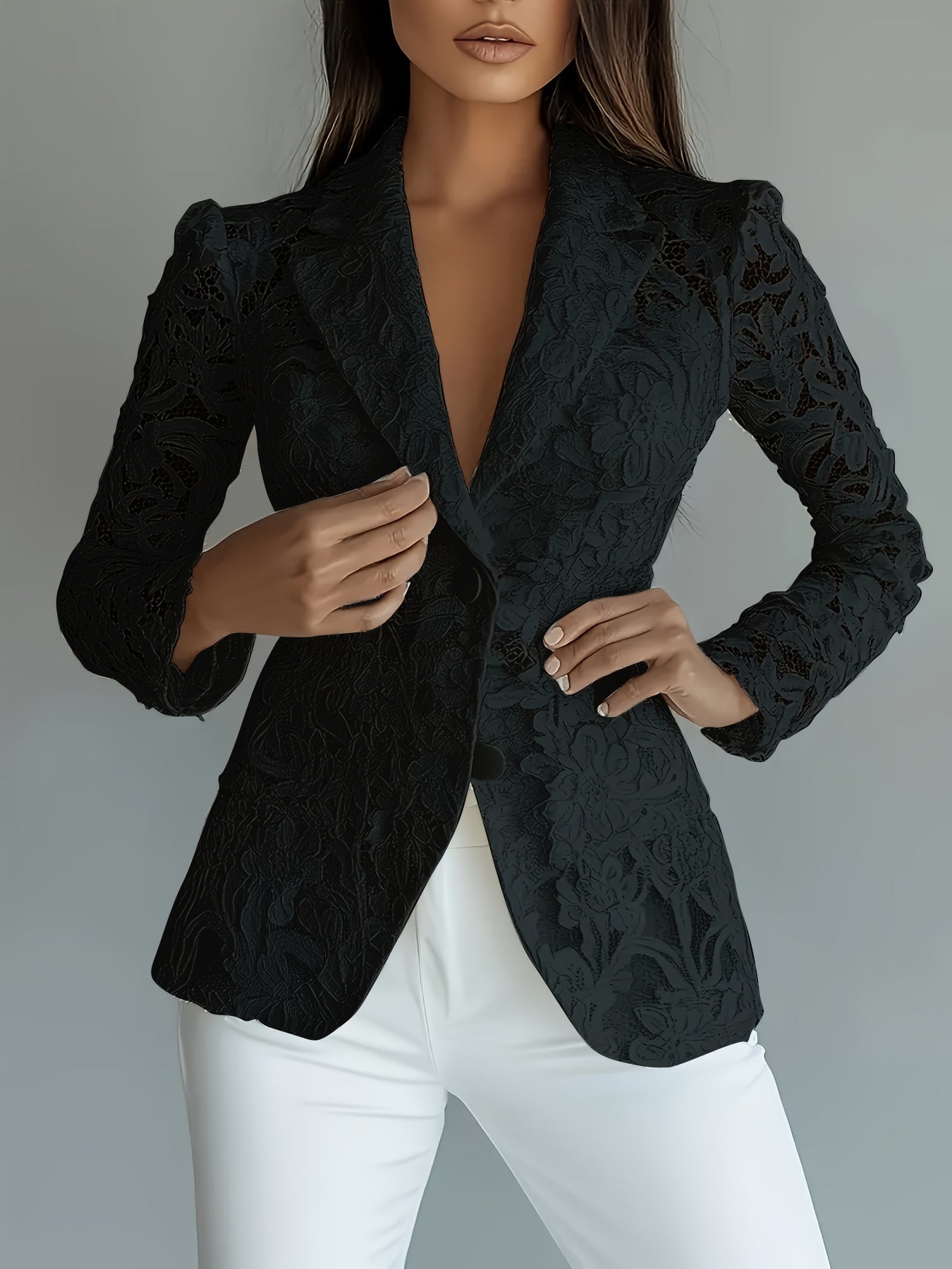 Sheer Floral Lace Blazer | Deep V Notched Lapel Single Button