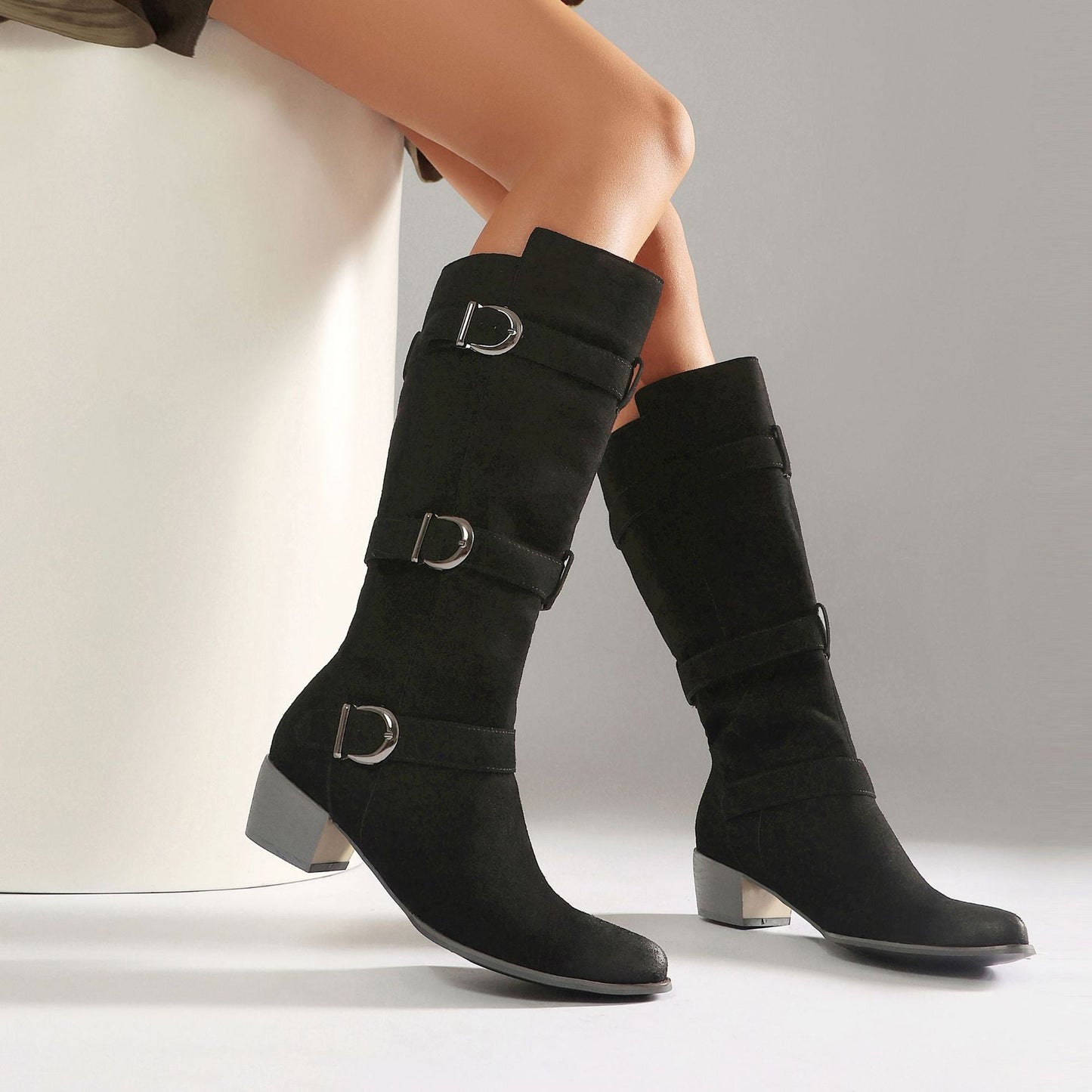 Women's Over-the-Knee High Heel Chunky Boots – Buckle Suede