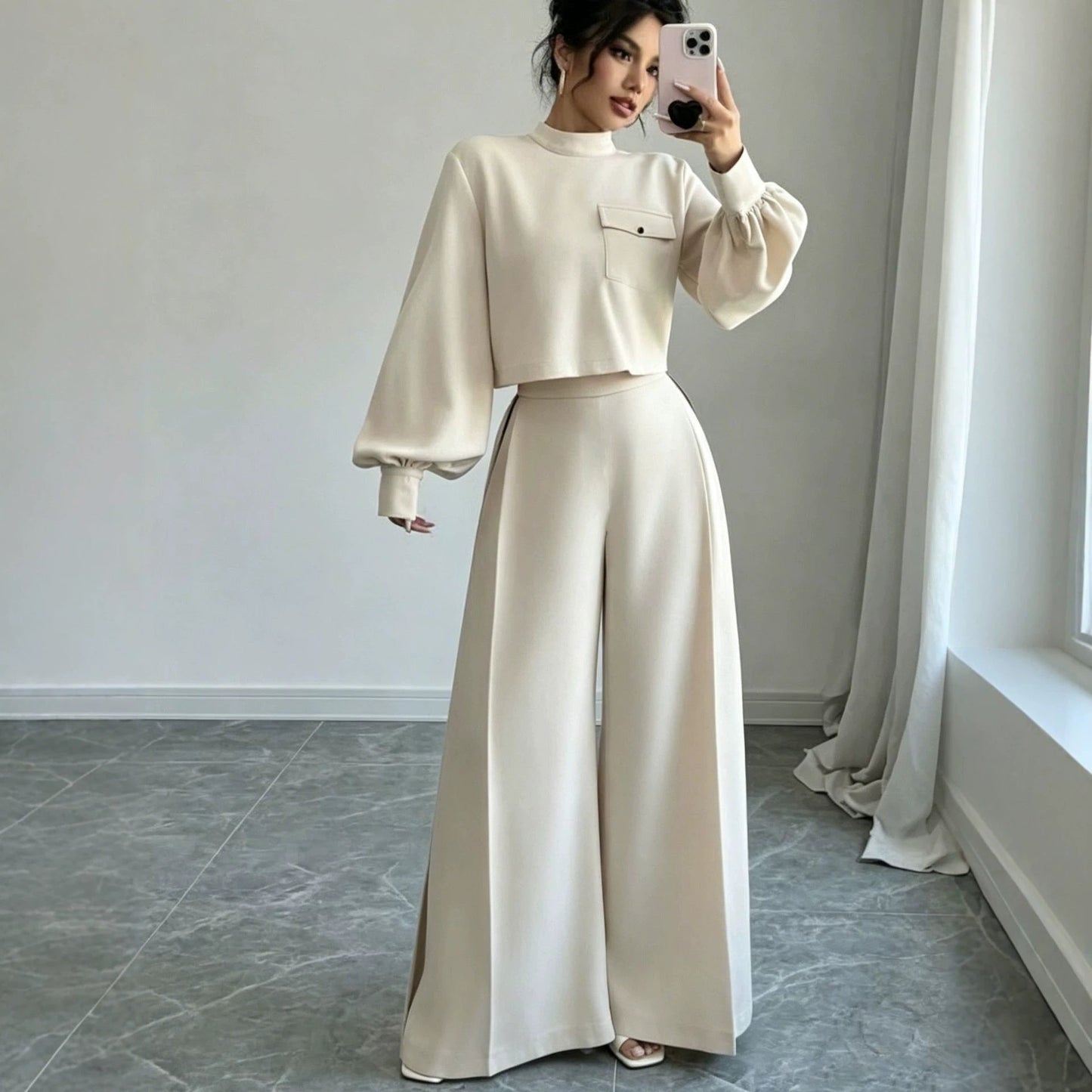 Solid Color Wide Leg Pants Set for Women – Long Sleeve Two-Piece