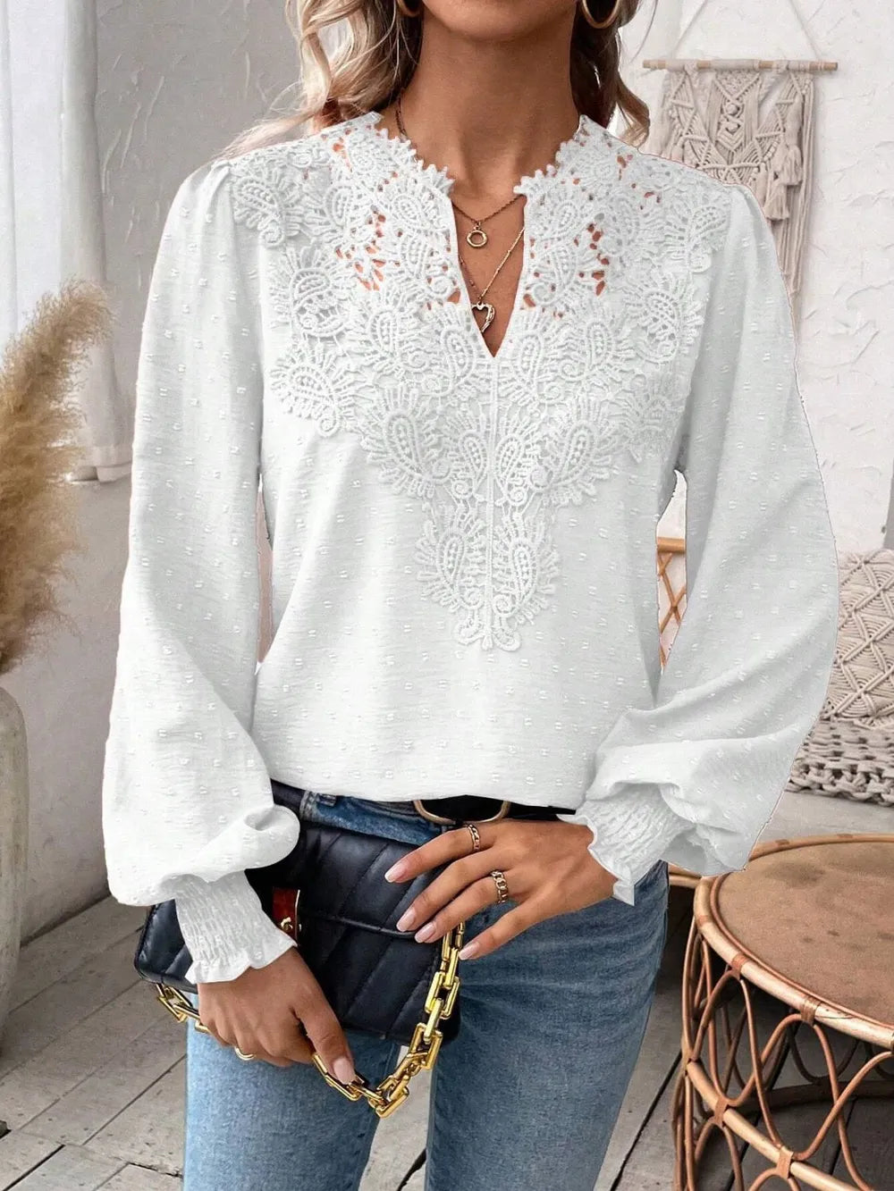 Swiss Dot Lace Detail Notched Long Sleeve Blouse – Feminine Style