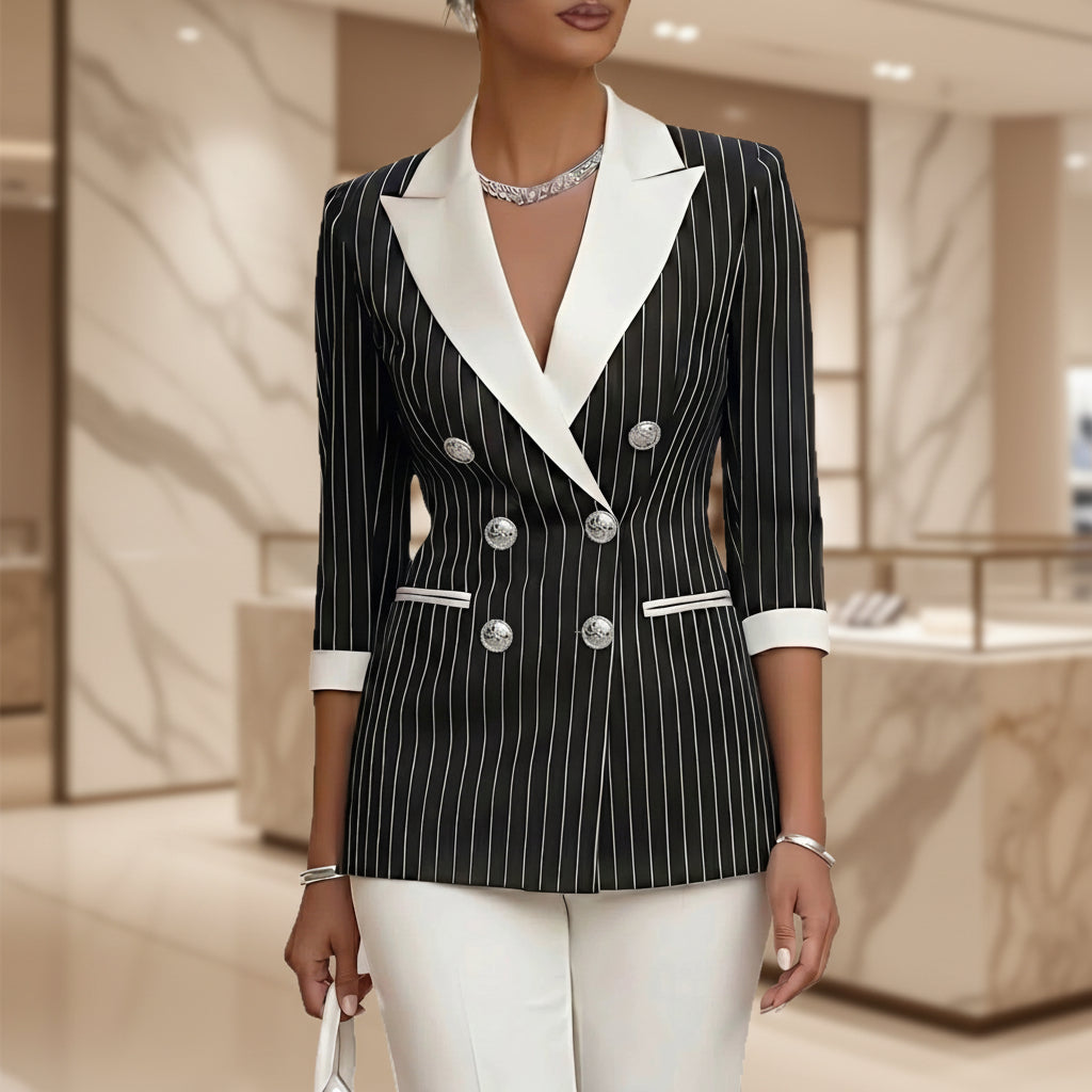 Pinstripe Double-Breasted Blazer | Contrast Lapel & Silver Buttons | Black
