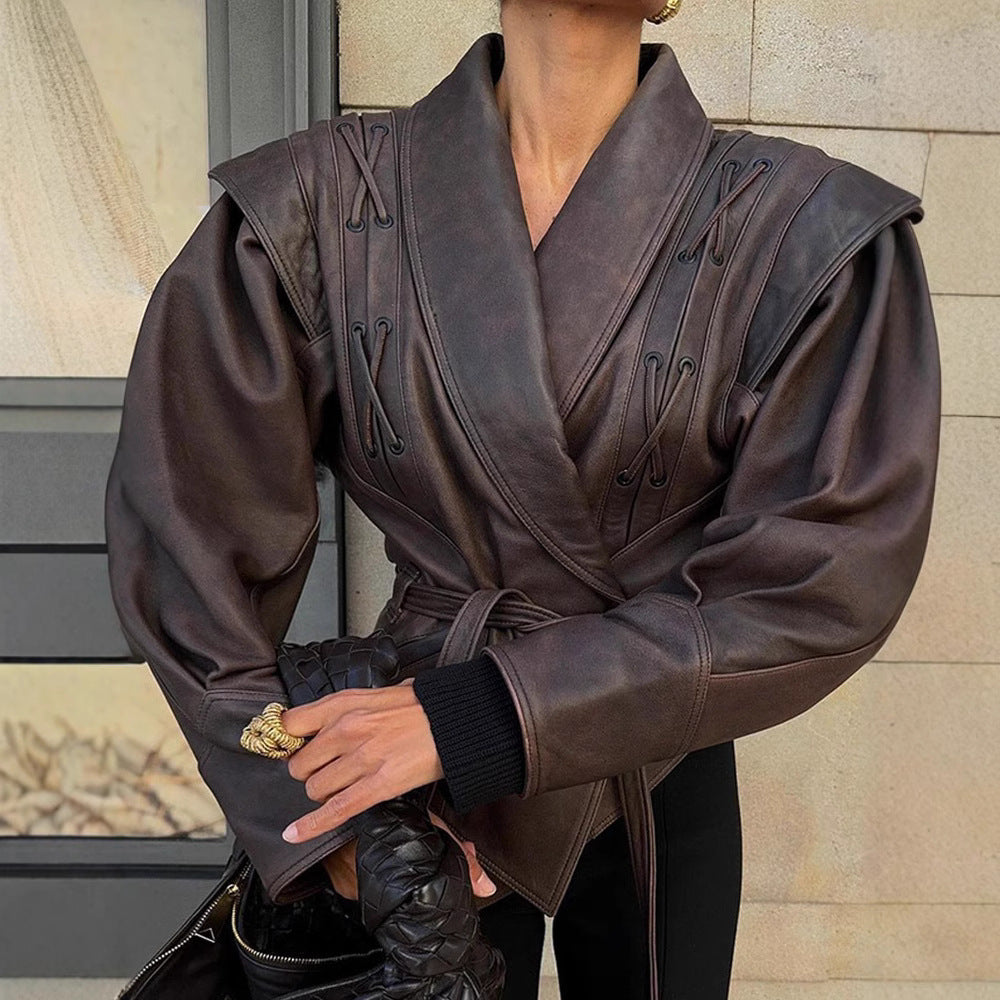 PU Leather Strap-Up Short Jacket – V-Neck Long Sleeve Streetwear