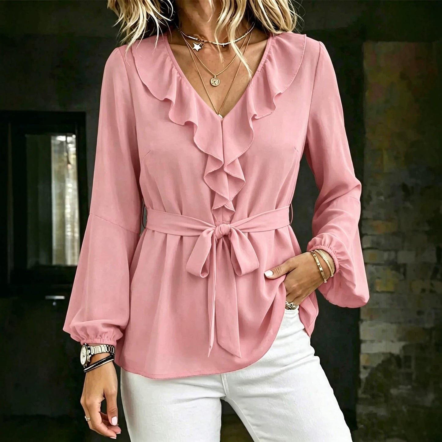 V-Neck Ruffle Blouse with Lantern Sleeves & Tie Waist