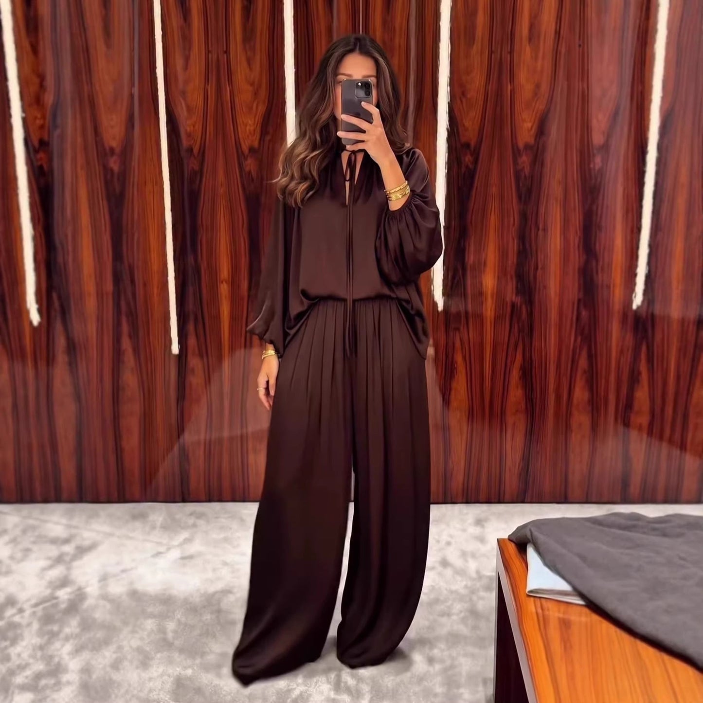 Women's V-Neck Lace-Up Bishop Sleeve Wide-Leg Pants Set