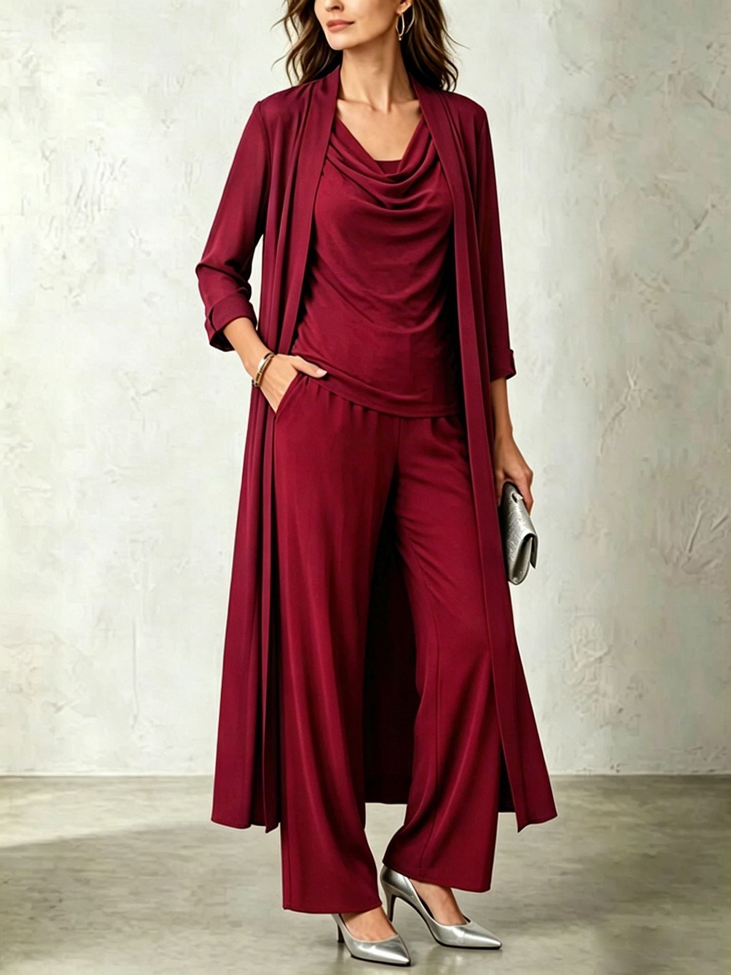 Long Sleeve Swing Collar Cardigan & Wide-Leg Pants Three-Piece Set