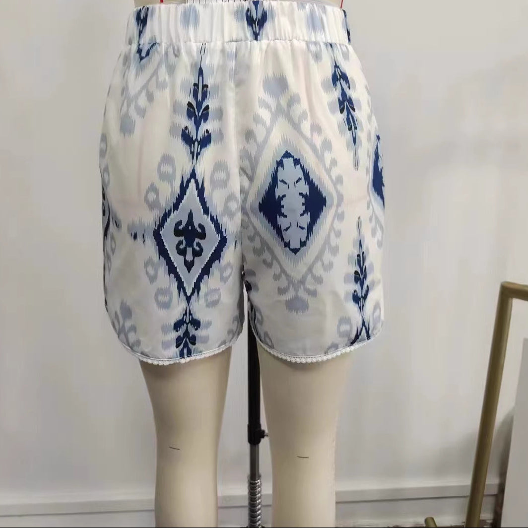 Boho Ikat Print Shorts | Lace Hem High Waist Tassel Tie | White & Blue